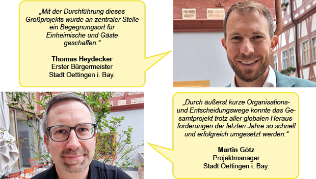 Zwei Porträtfotos mit jeweils einer Sprechblase. Das erste Foto zeigt Thomas Heydecker, Erster Bürgermeister der Stadt Oettingen i.Bay. Der Text in der Sprechblase lautet: „Mit der Durchführung dieses Großprojekts wurde an zentraler Stelle ein Begegnungsort für Einheimische und Gäste geschaffen.“ Das zweite Foto zeigt Martin Götz, Projektmanager der Stadt Oettingen i.Bay. Der Text in der Sprechblase lautet: „Durch äußerst kurze Organisations- und Entscheidungswege konnte das Gesamtprojekt trotz aller globalen Herausforderungen der letzten Jahre so schnell und erfolgreich umgesetzt werden.“