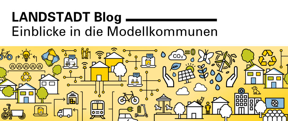 Grafische Darstellung der Innovationsfelder des Modellvorhabens Landstadt Bayern, die alle miteinander vernetzt werden. Text: Landstadt Blog - Einblicke in die Modellkommunen - © StMB