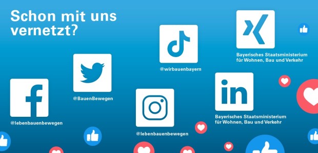 Die Logos der sechs Social Media-Kanäle des StMB - Facebook, TikTok, Instagram, Twitter, LinkedIn und Xing. Text: Schon mit uns vernetzt? - © StMB